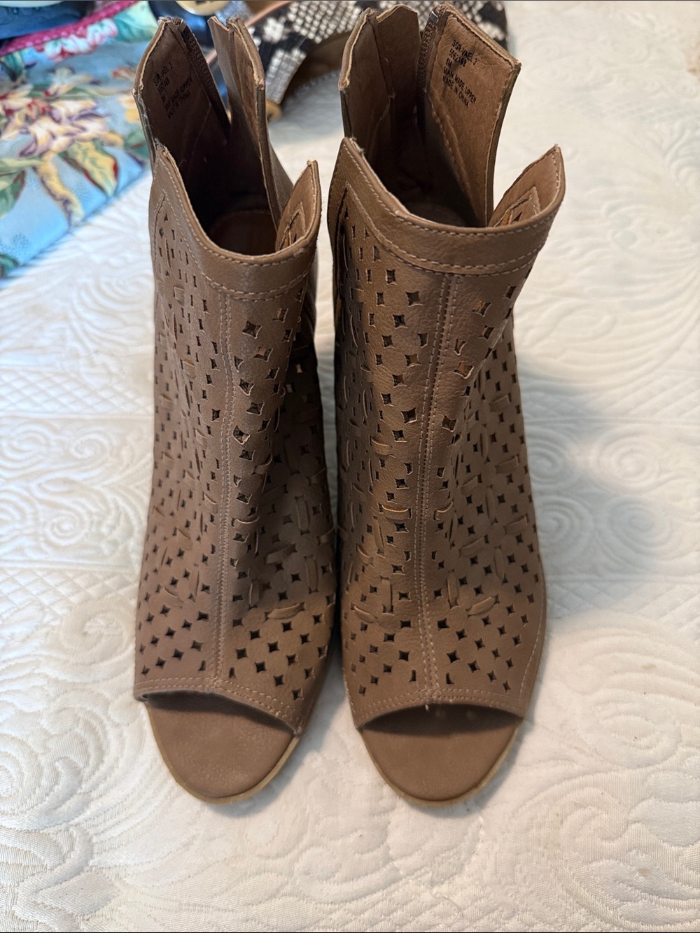 Women’s Tan Cutout Peep-Toe Ankle Boots